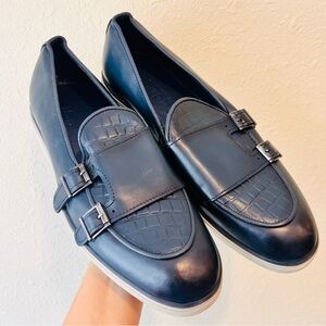 Berluti Paris Luxury Monk Strap Shoe Leather Blue Croc Embossed Leather 41